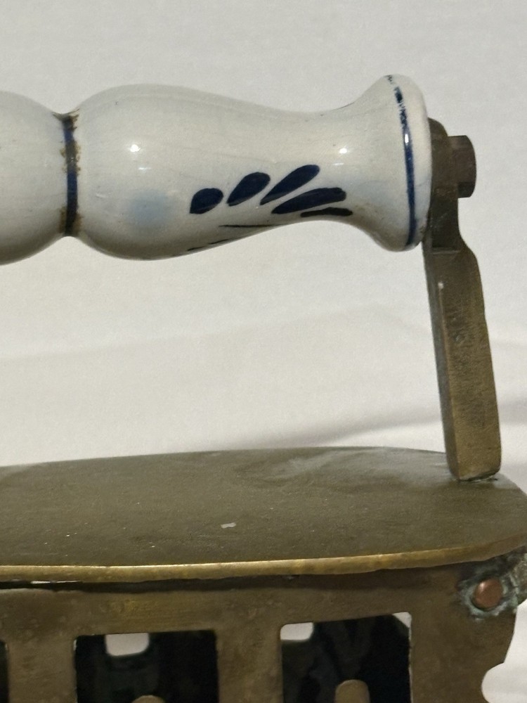 Antique Solid Brass Coal Iron Pottery Handle Dutch Delft White And Blue Handle