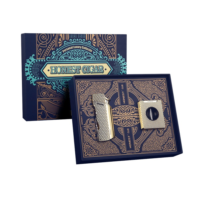 Inflatable Metal Lighter Multi-Functional Lighter V-Shaped Cigar Cutter Gift Box