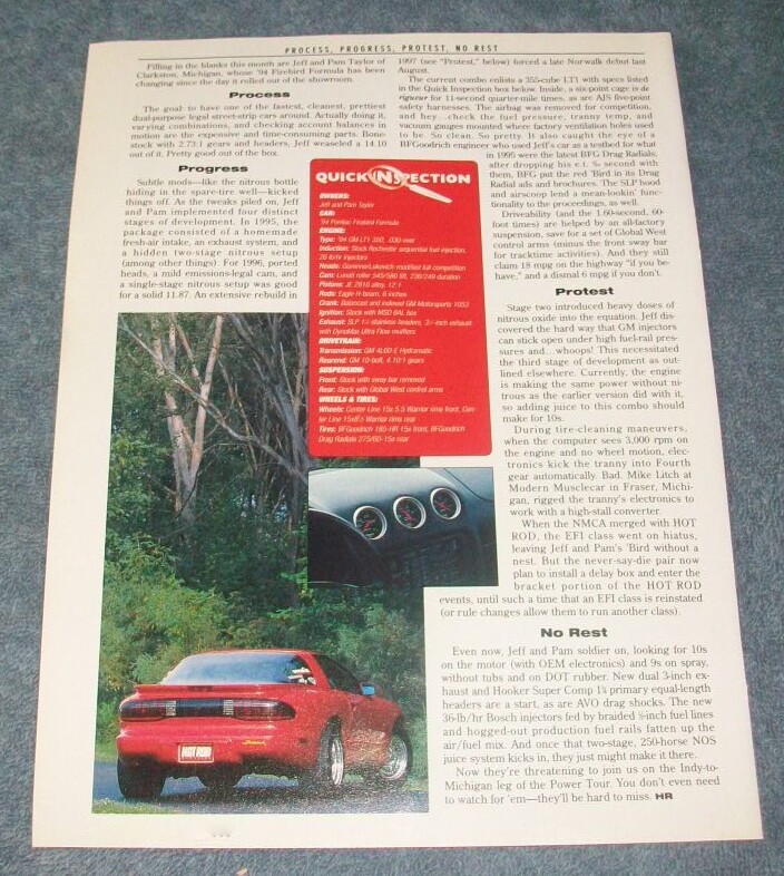 1994 Pontiac Firebird Formula Drag Car Vintage Article "Process, Progress...."