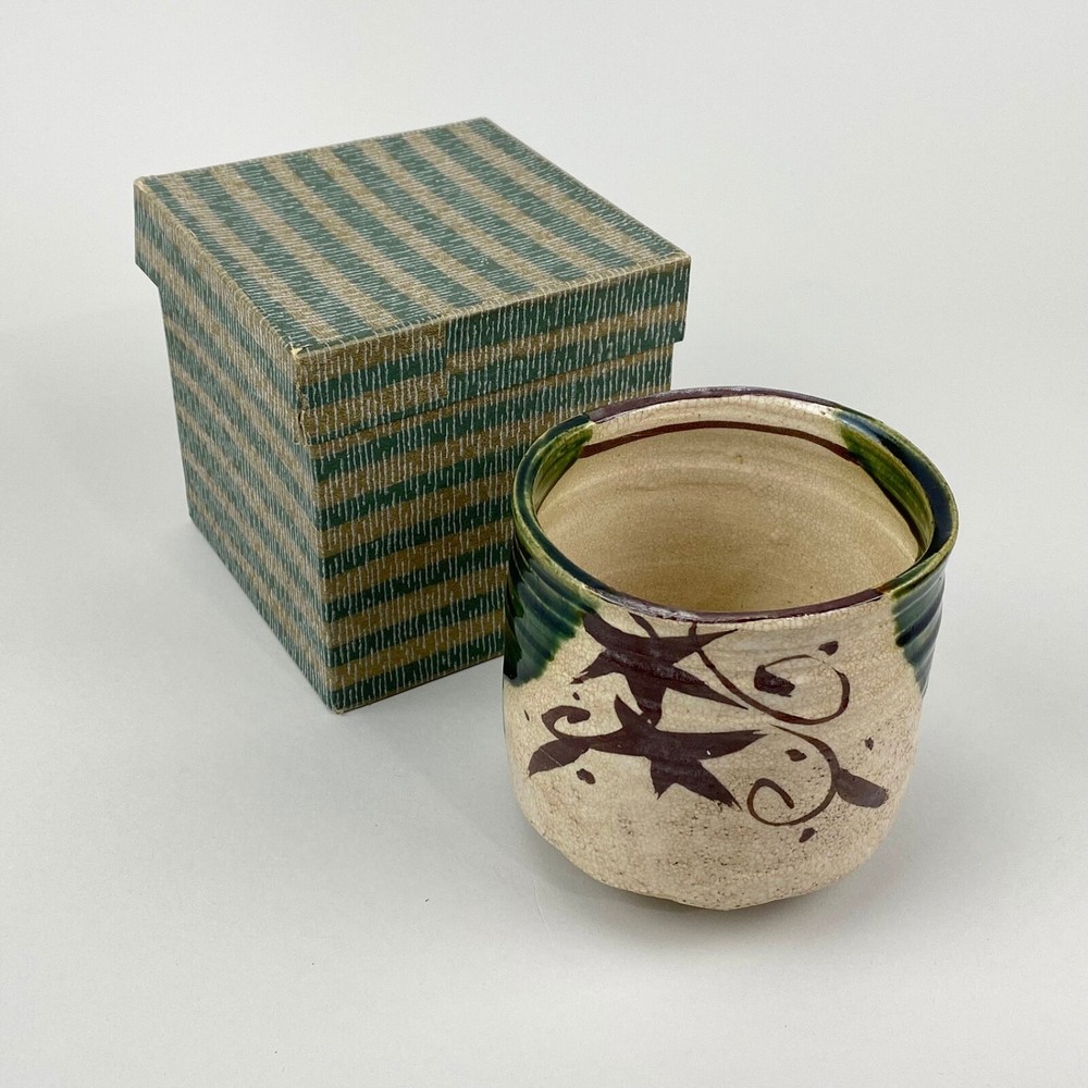 Oribe Ware Tea Bowl + Box Japan Mid 20th Century Impressed Mark