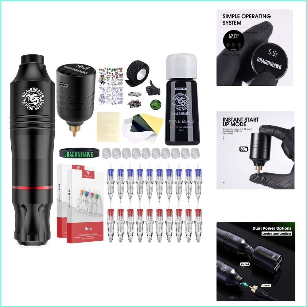 Professional Quality Atom Wireless Tattoo Kit - 20 Needles & LCD Display