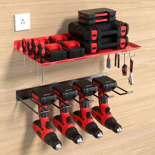 Wall Mount Power Tool Organizer, Metal Drill Holder for Garage, Workshop, Red