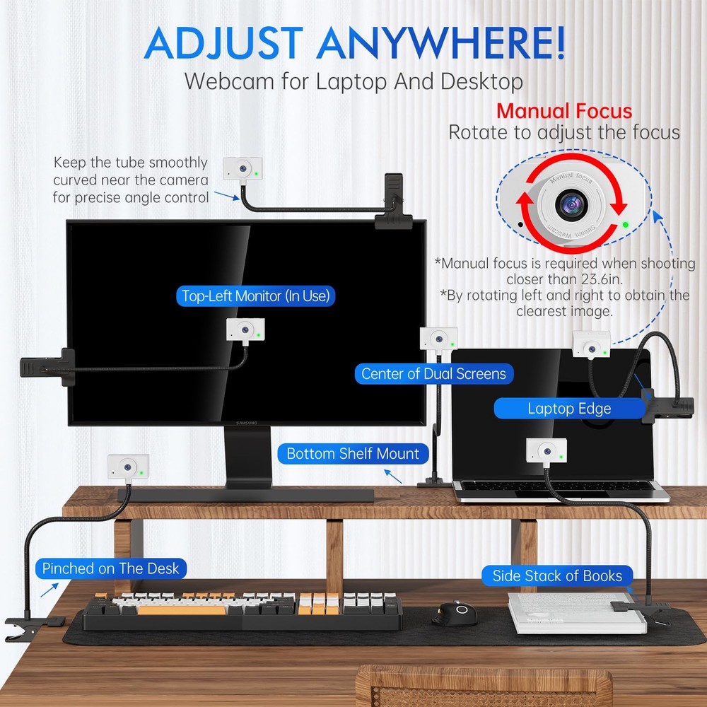 Webcam for PC, Laptop Camera USB Webcam with Adjustable Gooseneck, Flexible