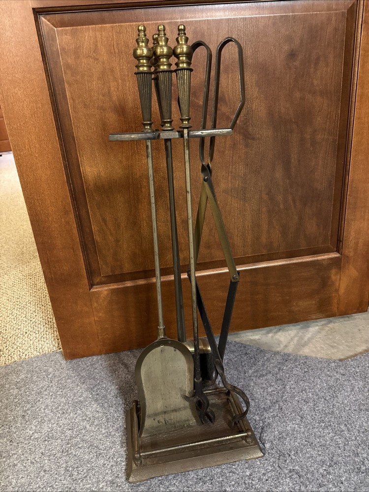 neoclassical Fireplace Brass Tool Set Vintage 1960’s  4 Tools + Stand