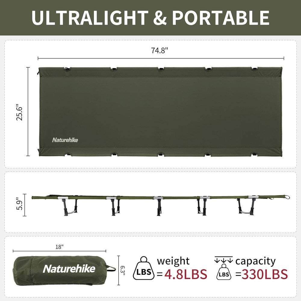 Naturehike GreenWild Camping Cot, Ultralight Folding Backpacking Cot, 60-Second