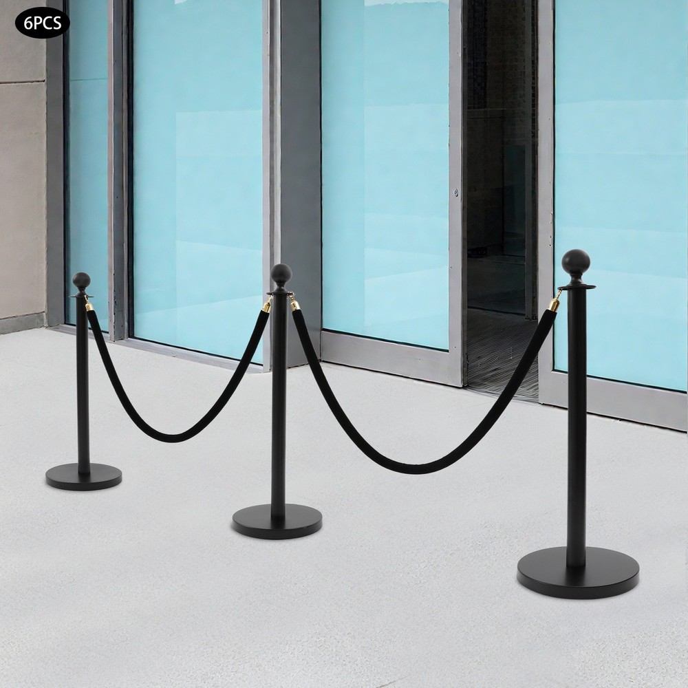 6Pcs Black Stanchion Posts Queue Pole Ropes Crowd Control Barrier Stanchion