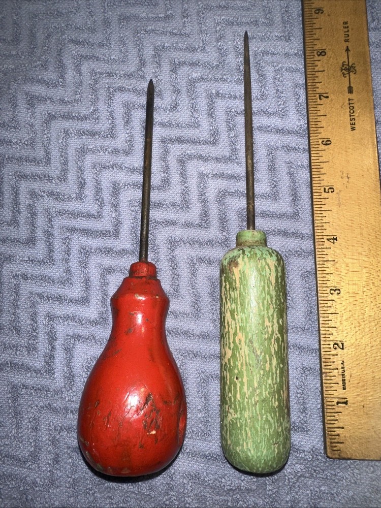 2 Antique Scratch AWL Wood Handle Leather Work Tools