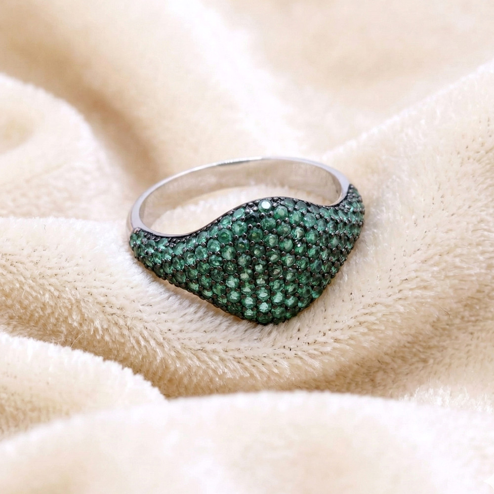925 Sterling Silver Lab Created Emerald Pave Ring, Dome Statement Ring for Women