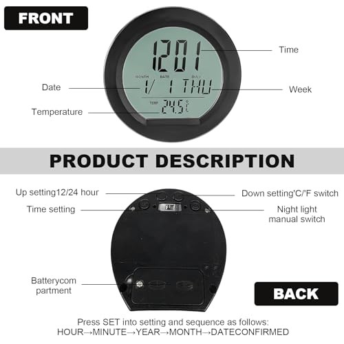 Car Digital Thermometer Clock, Dashboard Clock with Standard Digital Clock