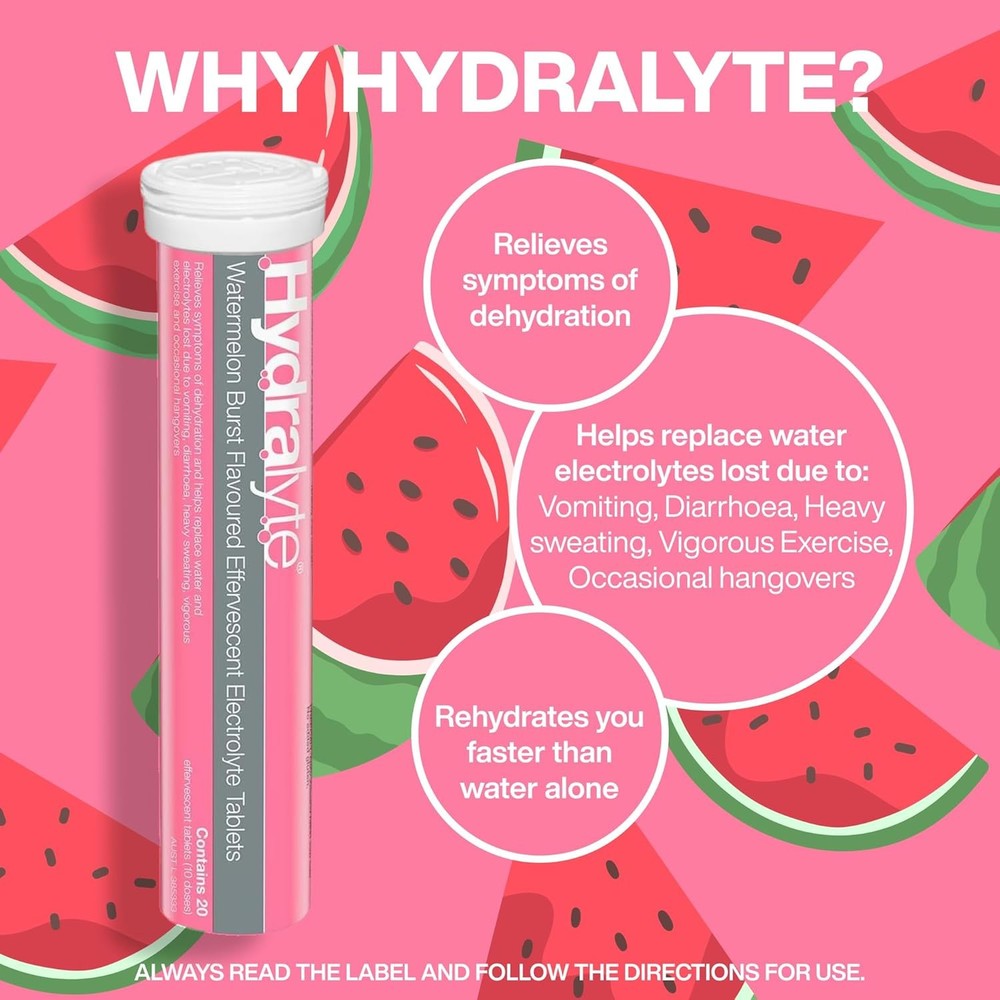 Hydralyte Electrolyte Effervescent Watermelon Flavoured 20 Tablets EXP: 06/26