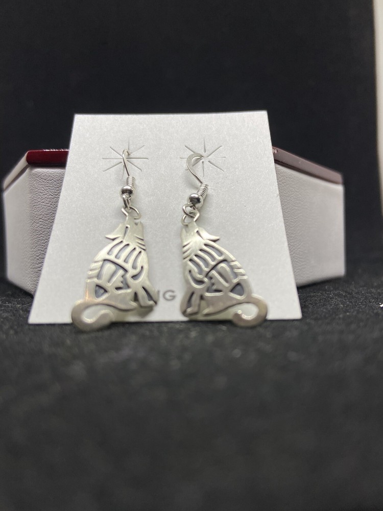 Handmade Native American Navajo plain sterling silver wolf dangle earrings