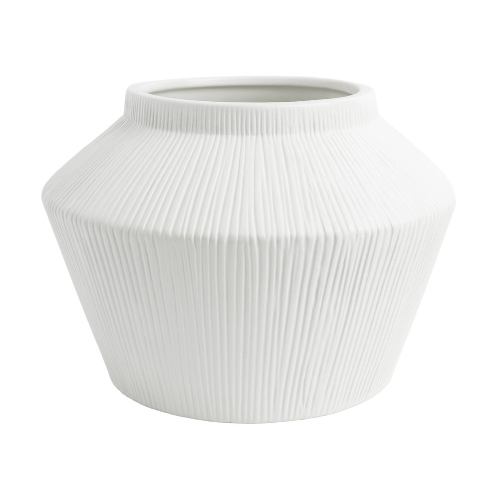 Black Ribbed Ceramic Angular Short Vase 6" W/ Modern Minimalist Style