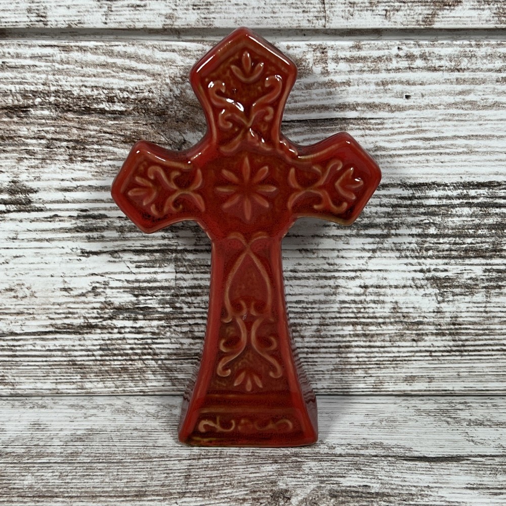 5” Red Ceramic Christianity Cross Hand Painted