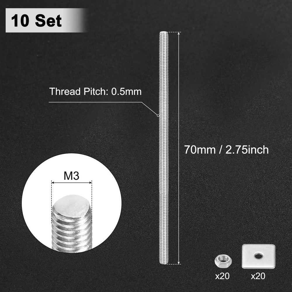 10-Set Fully Threaded Rod, M3x70mm Right Hand Thread Bar Studs with Nuts