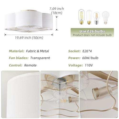 Caged Ceiling Fan with Light, Boho Flush Mount Ceiling Fan with Lights White