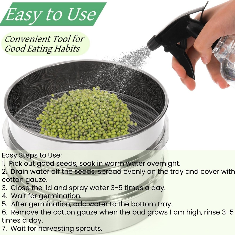 9" Stackable Stainless Steel Seed Sprouting Kit, 3-Tier Mesh Germination Tray...