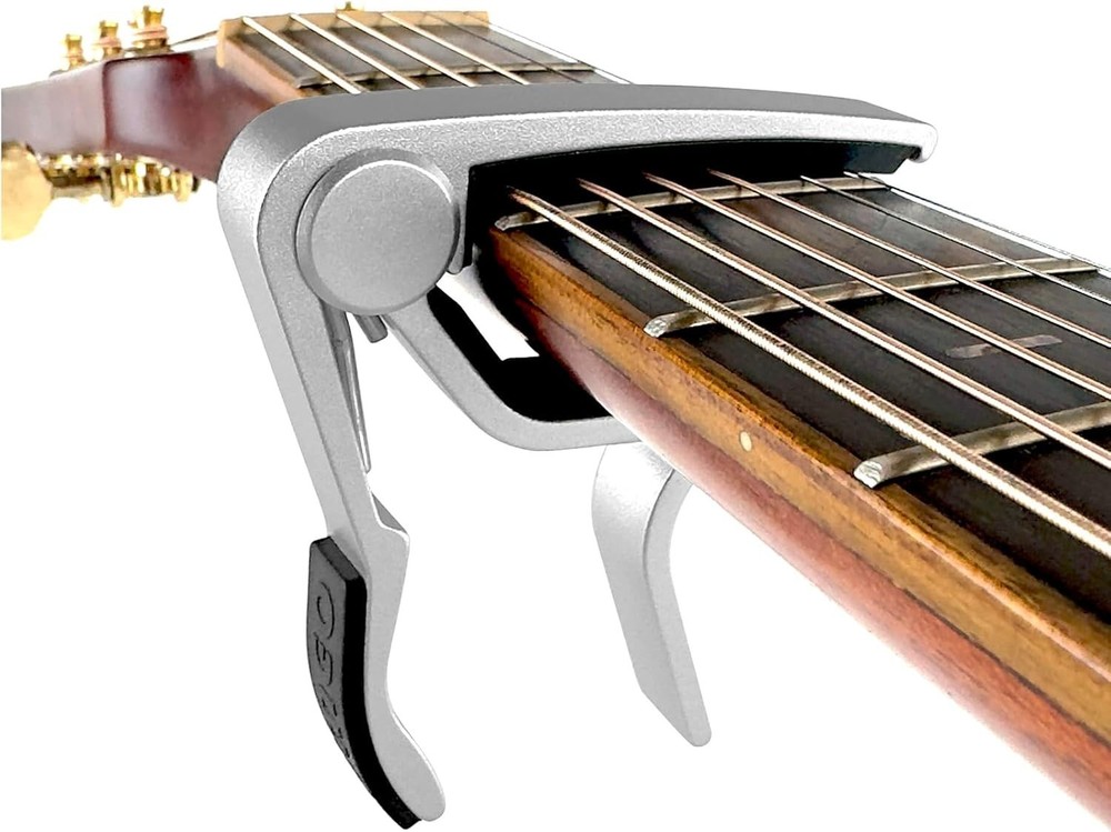 Quick-Change Silver Guitar Capo for 6-String Instruments, Includes 5 Free Picks