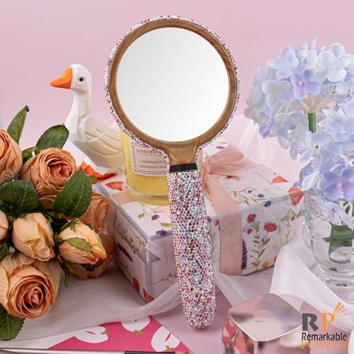 , 1 Pack Bling Handheld Mirror Crystal Cosmetic Dazzling Portable Handle for