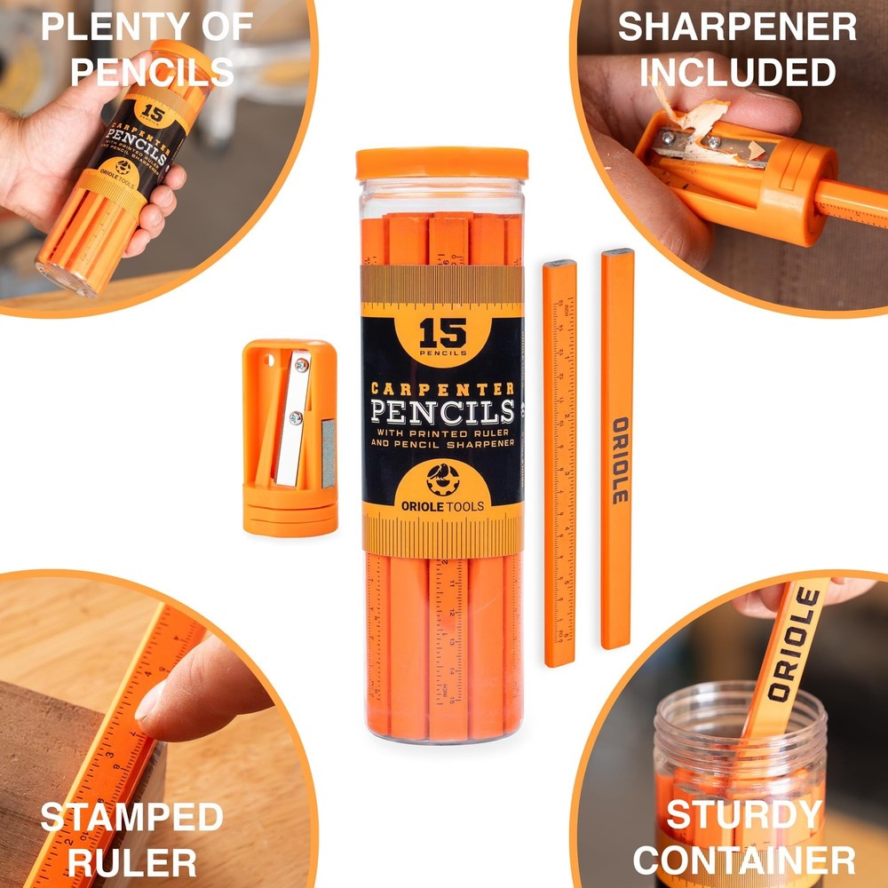 Carpenter Pencils 15 Pack with Sharpener and Storage Container — Flat Cons