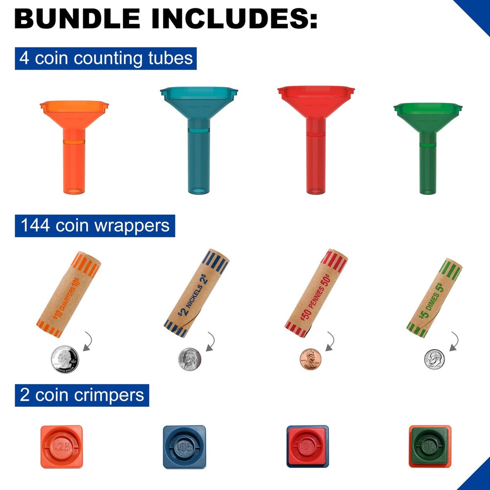 144 Pcs Assorted Preformed Coin Wrapper Rolls with Color Coded Coin Counter T...