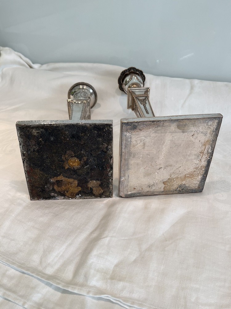 2 Early 19thc Antique Silver Plated Classical Themed Candlesticks