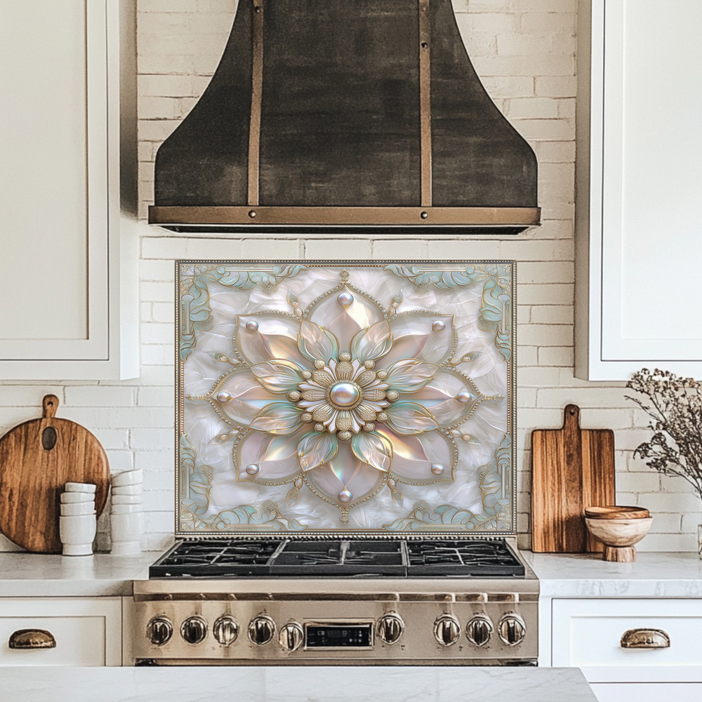 Pearl Look Tempered Glass Kitchen Wall Panel | Elegant Kitchen Decor