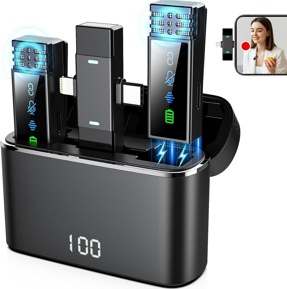 2 Pack Wireless Lavalier Microphone for iPhone iPad Android, Active Noise Reduct