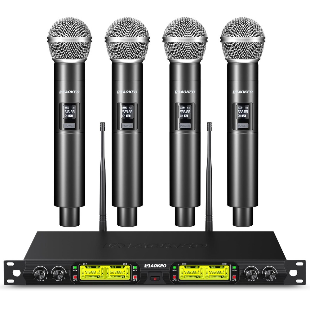 Wireless Microphones System, 4 Channel UHF Wireless Mics,with 4 Handheld Grey