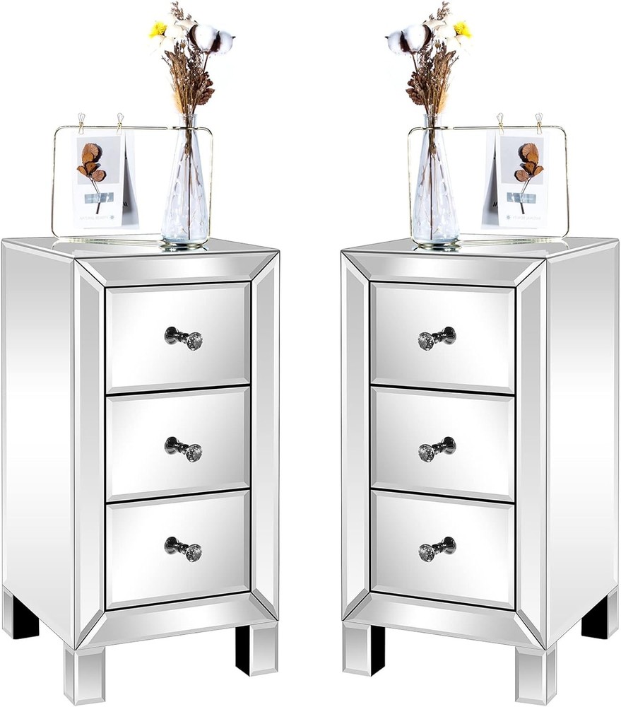 3-Drawer Mirrored Nightstand Set of 2, End Table, Bedside Table, bed sets