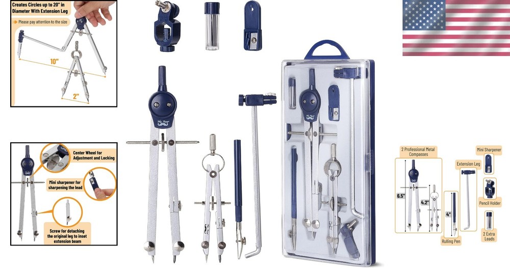 Professional Geometry Compass Set - 7-Piece Precision Tool Kit in Shatterproo...