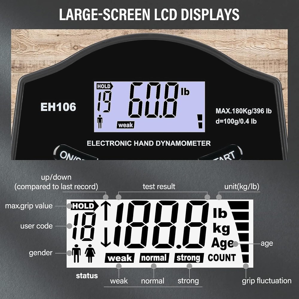 Grip Strength Tester 396Lbs/180Kg Digital Hand Dynamometer Grip Strength Meter