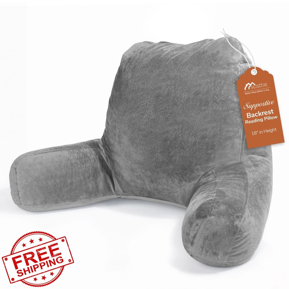 Sasttie Dark Grey Velvet Reading Pillow, Bed Back Support Cushion