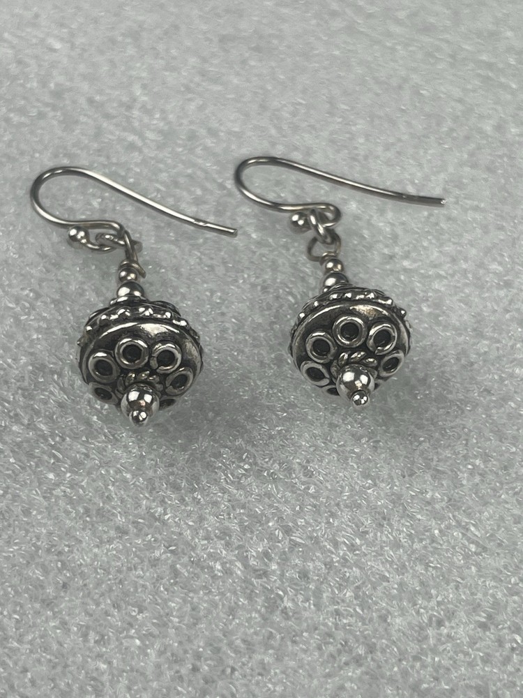 Vtg Sterling Silver Dangle Earrings Granulation Caviar Dot Beaded Hook Drop 4.7g
