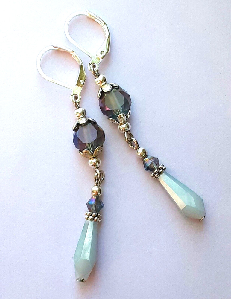 PEWTER & SILVER GREY Crystal teardrop earring SP LEVERBACK handmade XCBAg