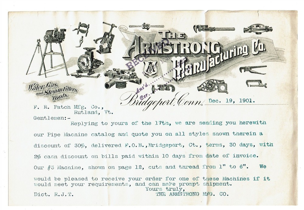 1901 Letterhead, Multiple Illustrations of Pipe Machine Tools, Bridgeport CT