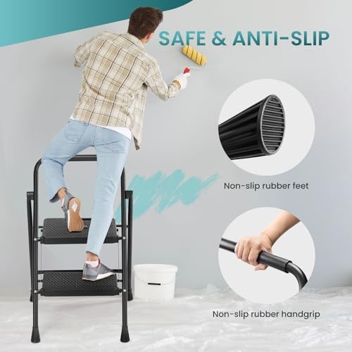 Smug 2-Step Folding Step Stool Ladder, Anti-Slip, Portable, 800lbs Capacity