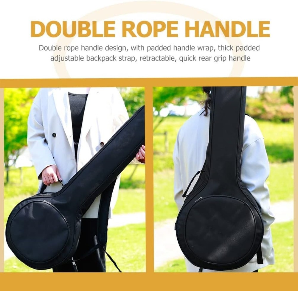 Black Padded 5-String Banjo Gig Bag with Dual Handle & Pockets