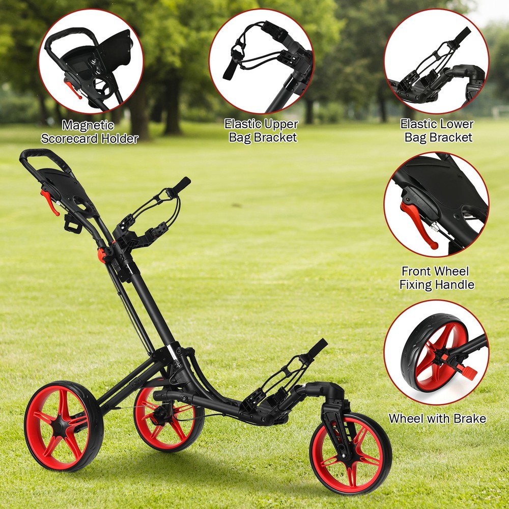 3 Wheels Foldable Golf Push Pull Cart Trolley w/ Adjustable Handle Brake Red