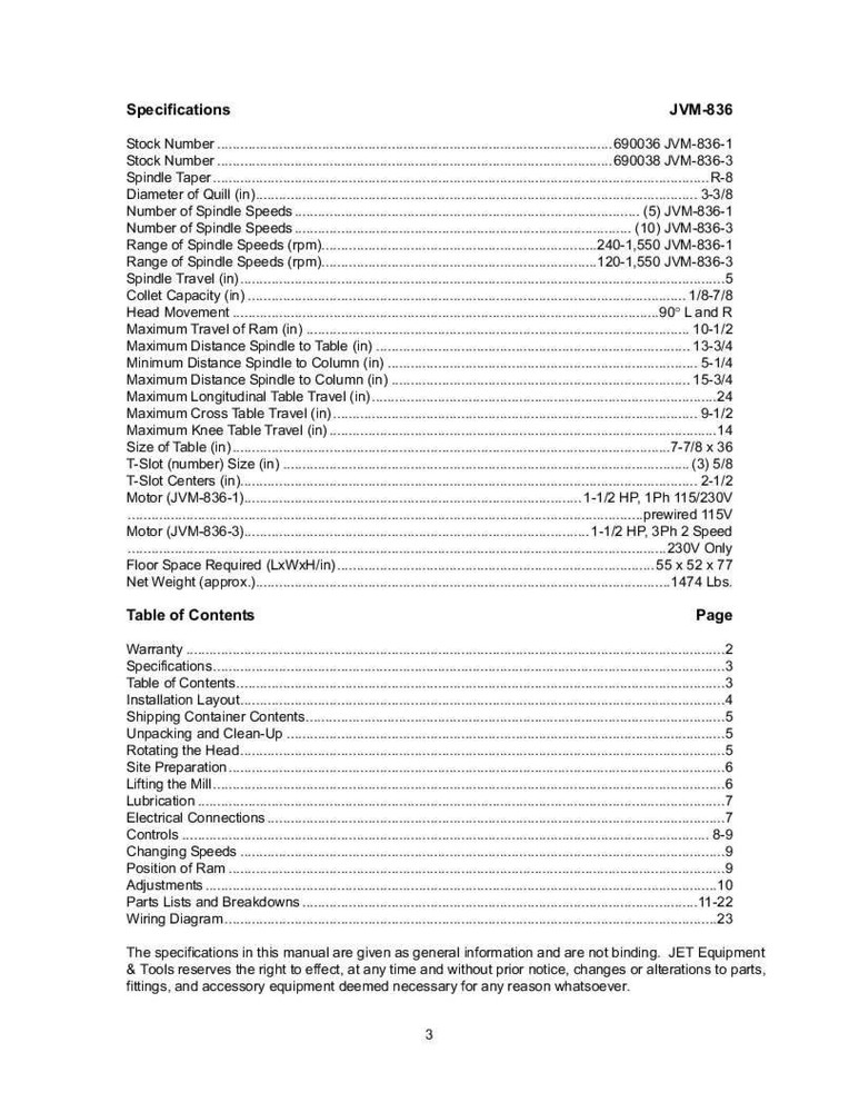 Jet JVM-836 Milling Machine Operators Manual *207