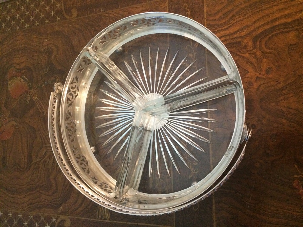 Sheffield Reproduction Silver Plated Serving Dish with Glass Insert and Handle