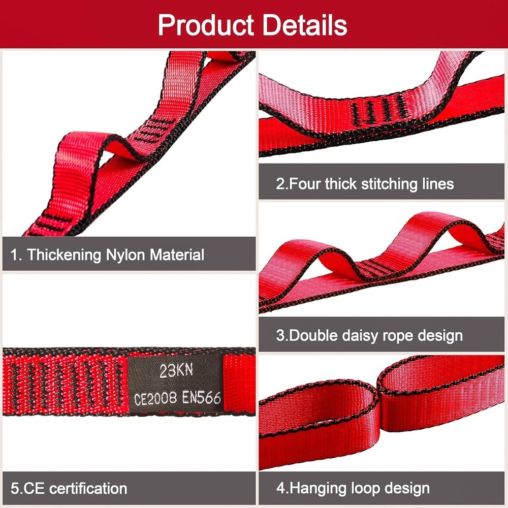 2pcs Adjustable Daisy Chains 23KN Strong Climbing Strap Nylon Red