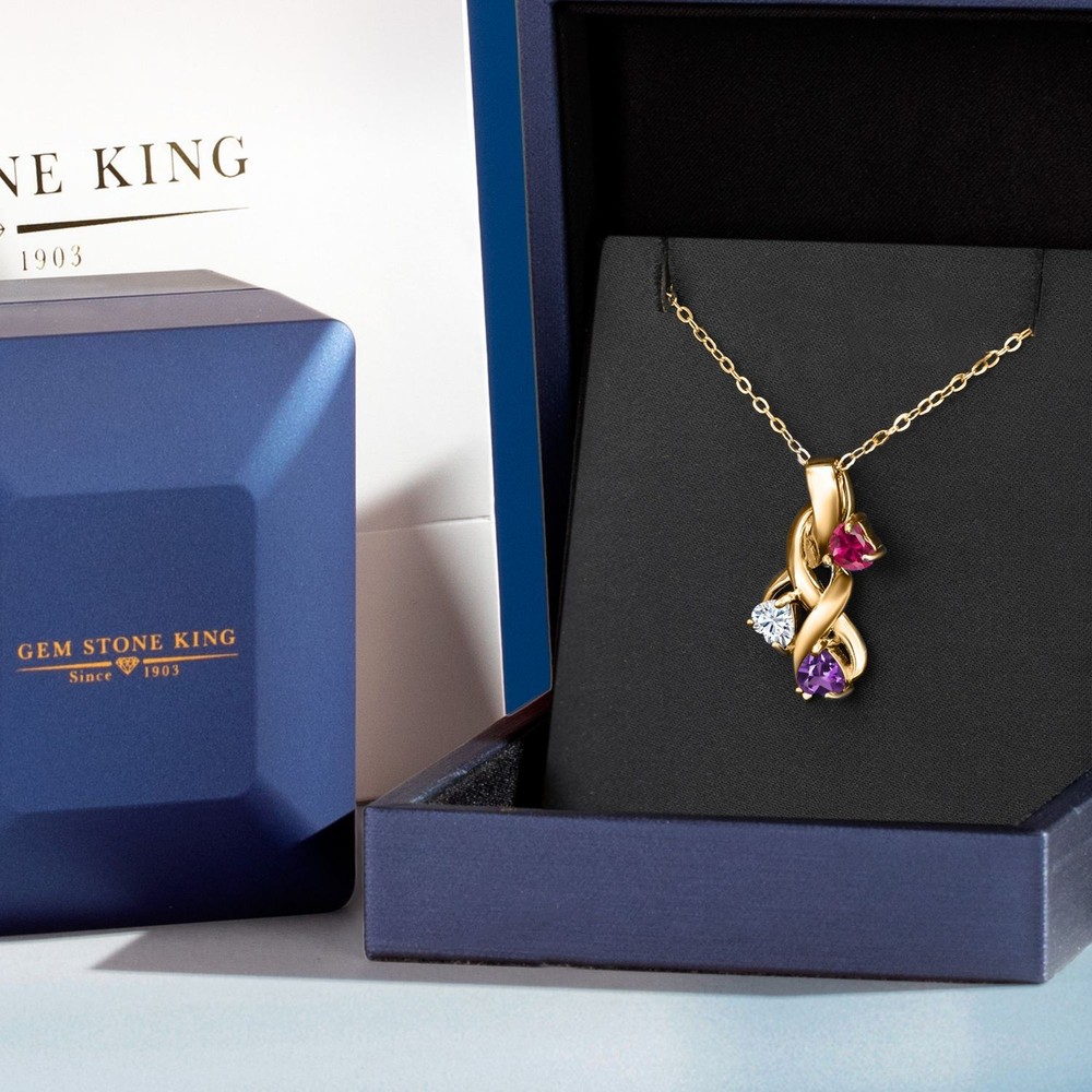 18K Yellow Gold Plated Silver Created Ruby and White Moissanite and Amethyst