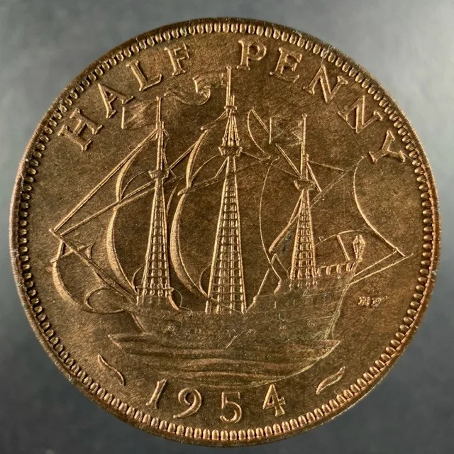 1954 Great Britain Half Penny Bronze Golden Hind Choice Example