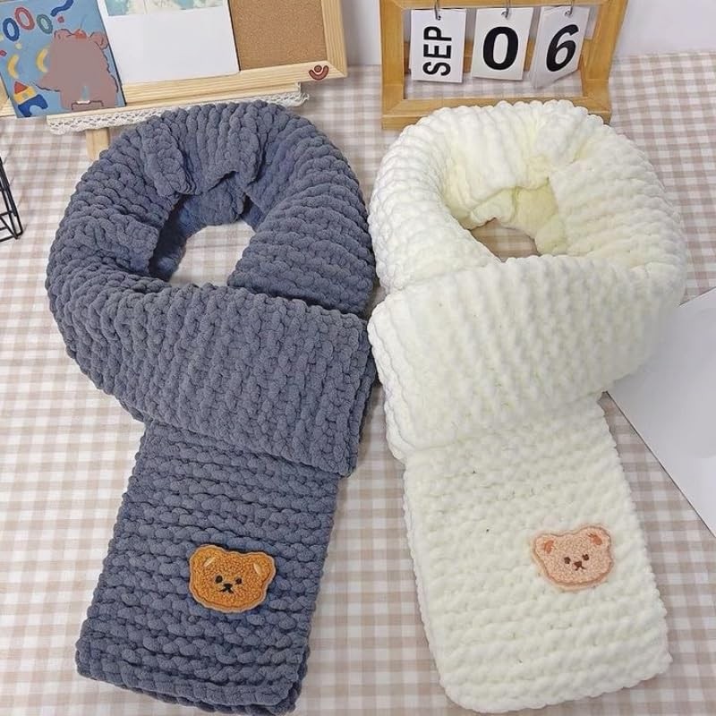 Warm Thick Scarf Knitting Kit - 4pcs Yarn + Knitting Tools + Bear Pattern Acc...