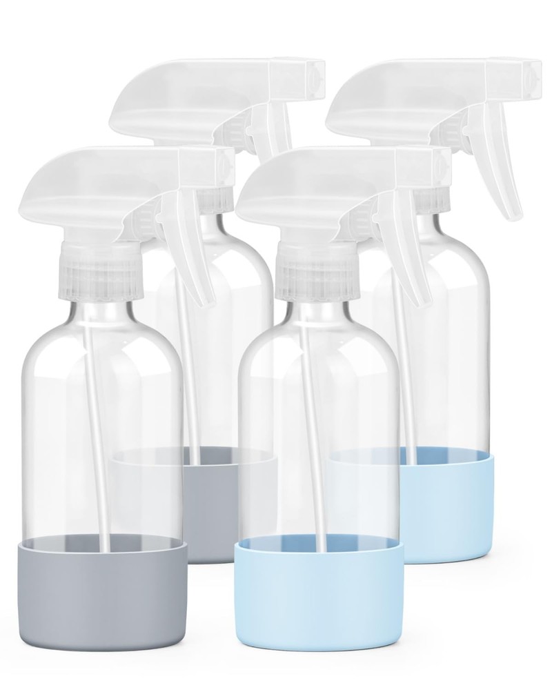 4Pack 8oz Glass Spray Bottles Refillable Silicone Sleeve Adjustable Nozzle