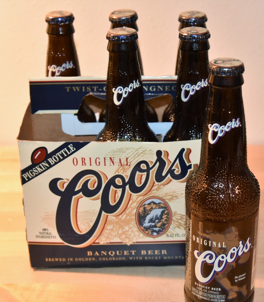Coors PIGSKIN BOTTLE 6-Pack EMPTY in Original Case with Tops 1999