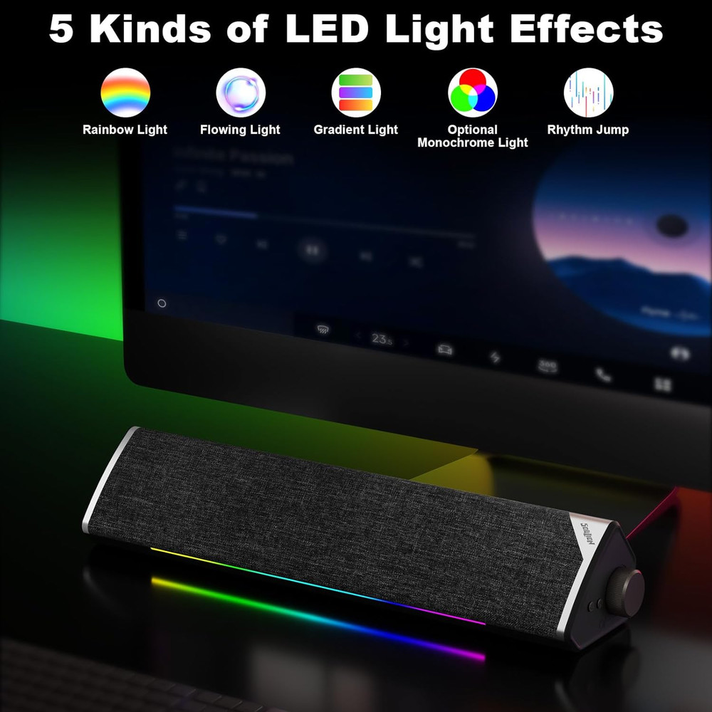 Computer Speakers, USB-Powered Bluetooth PC Soundbar with Dynamic RGB LED Lights