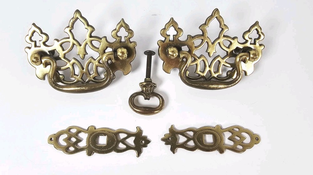 Vintage Brass Drawer Pulls & Backplates Lot  + 1 Single Pull