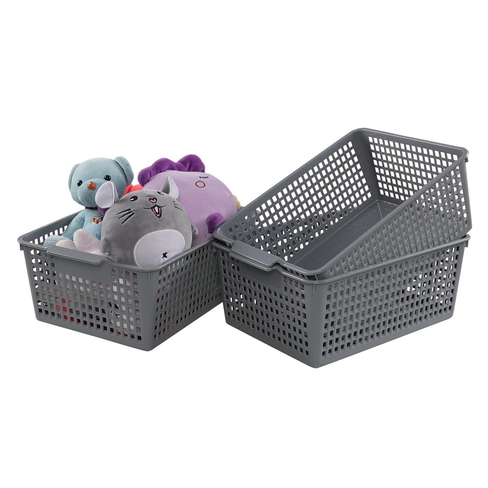 Ramddy 3-Pack Grey Storage Baskets, Large Plastic Organizer Baskets