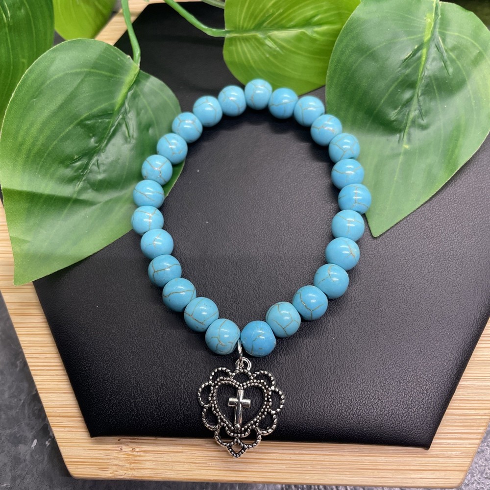Handmade Beaded Stone Stackable 7” Plus Stretch Bracelet New Cross Heart  B7321